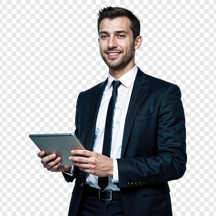 PSD pewny siebie biznesmen używający tabletu