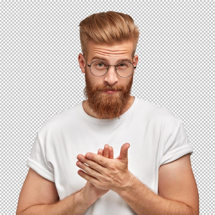 PSD pewny siebie przystojniak aplauduje jako pozdrawianie ktoś ma grubą bródkę i modną fryzurę ubrany zwyczajnie klasztuje obie ręce odizolowane nad białą ścianą ludzie i koncepcja gratulacji