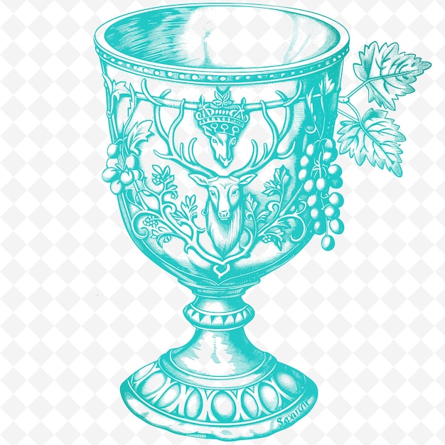 PSD pewter goblet outline with grapevine pattern and stag crest illustration frames decor collection