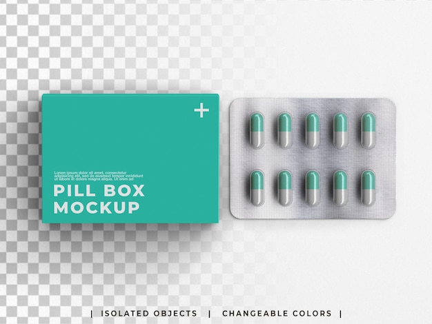 PSD pharmacy mockup medical box packaging medicine container with pill capsules blister isolated
