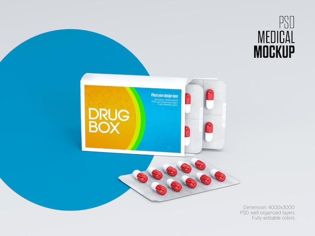 PSD pharmacy or pill box package mockup