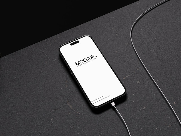 PSD phone 14 mockup charging phone with black background