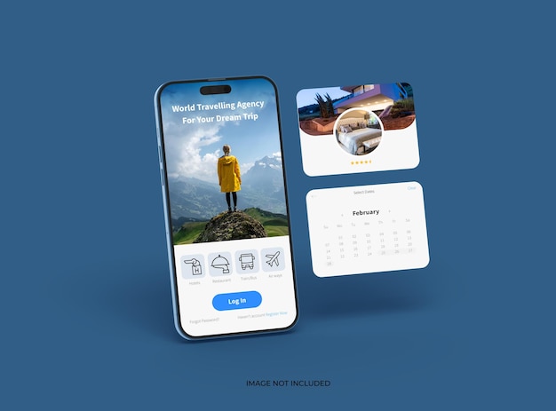 Phone 14 Pro isometrisk mockup-design av mobilappskjermer med separate popup-vinduer UI UX app-konsept 3D-rendering
