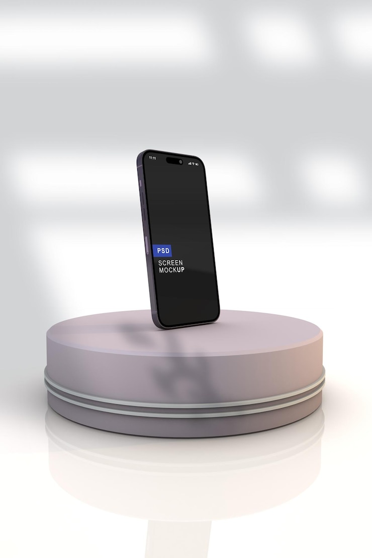 Phone 14 pro mockup display on modern podium