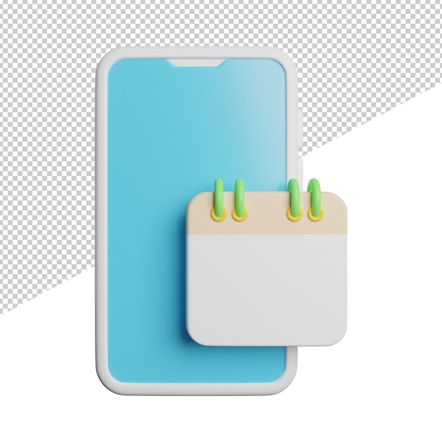 Calendario del telefono data vista frontale icona di rendering 3d illustrazione su sfondo trasparente