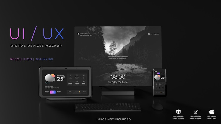 PSD phone desktop and tablet mockup with dark background ui ux design fully editable