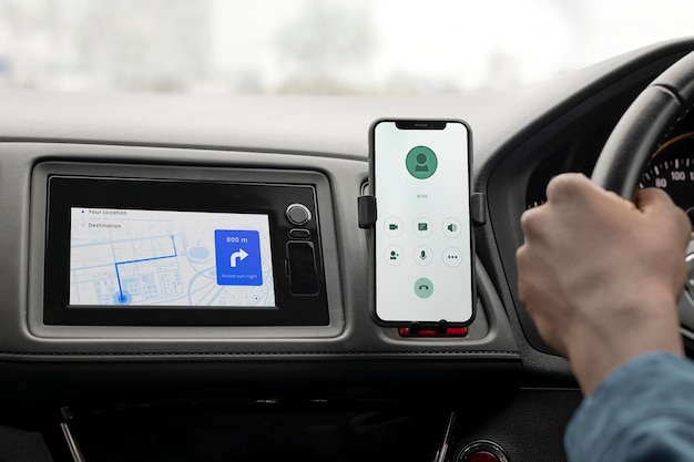 phone and gps screen mockup in smart car psd