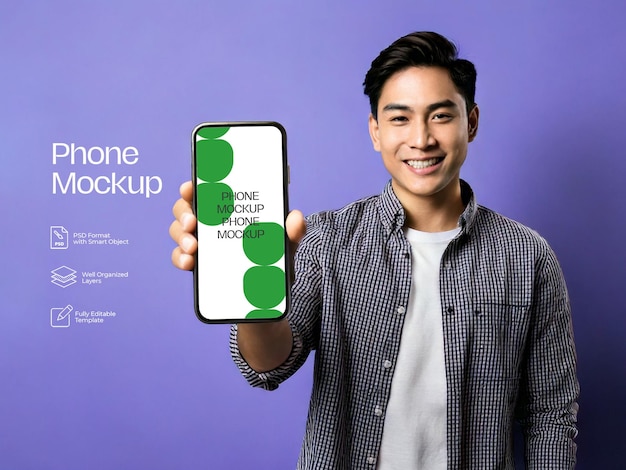 アジア人男性の携帯電話モックアップテンプレート 04