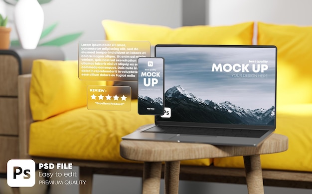 PSD modello di mockup per telefono e laptop mobili divano giallo soggiorno rendering 3d