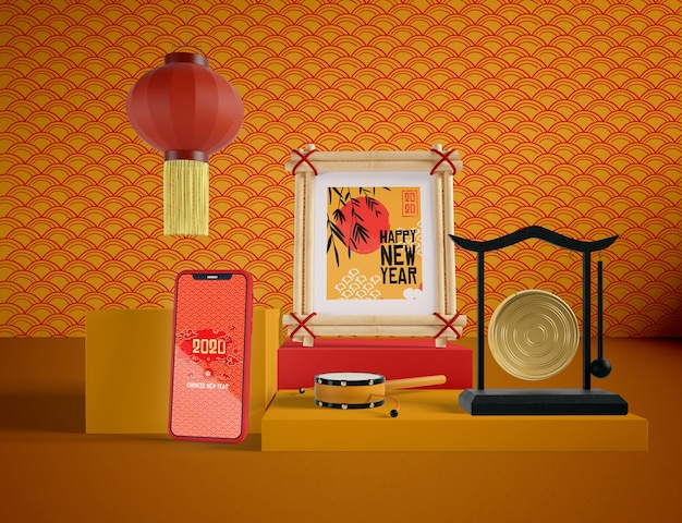 PSD phone mock up with chinese traditional objects