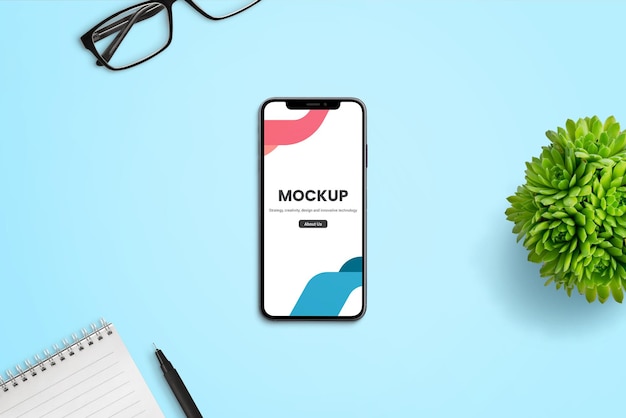 Phone mockup desk scene creator top view flat lay