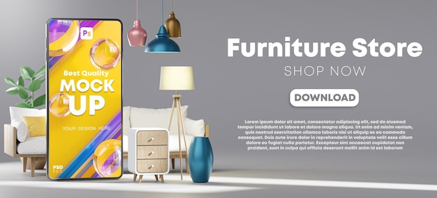 Phone mockup ecommerce online furniture download app store 3d render