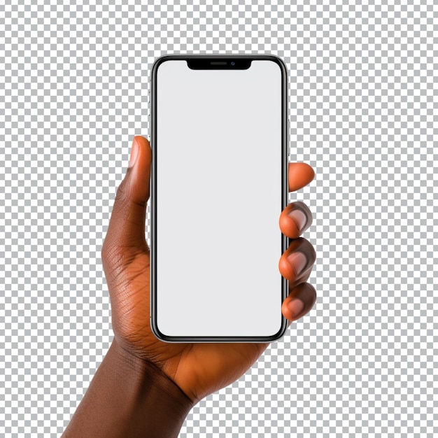 PSD phone mockup in hand clipping path a smartphone with a blank white screen transparent background