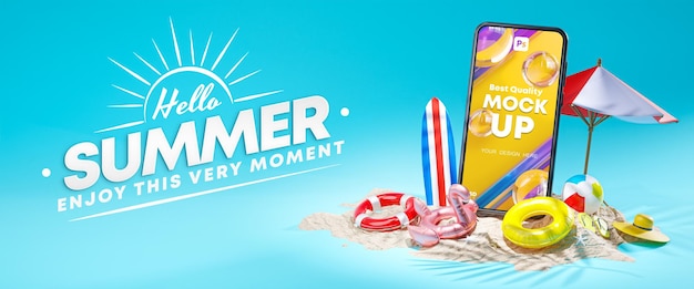 PSD phone mockup hello summer design banner 3d rendering