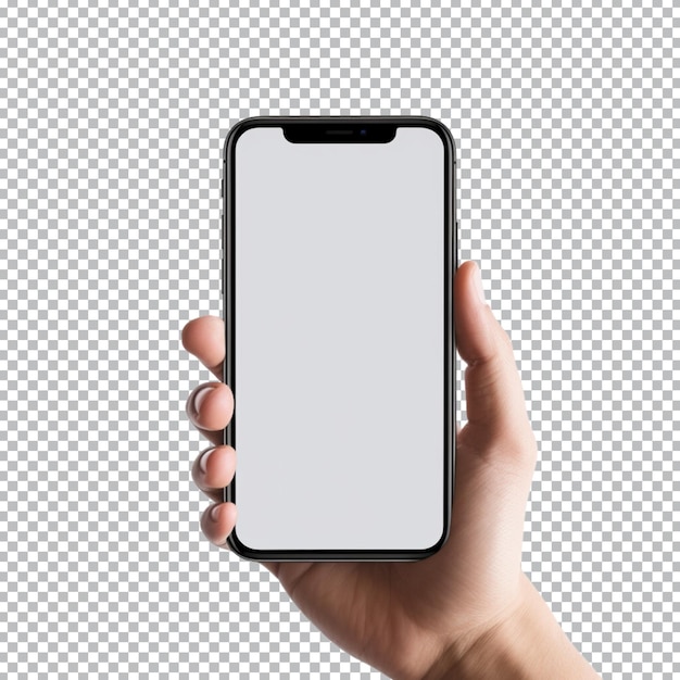PSD Макет телефона в руке обрезает путь смартфона с прозрачным фоном пустого белого экрана