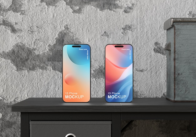 PSD phone mockup in industrial aesthetic room