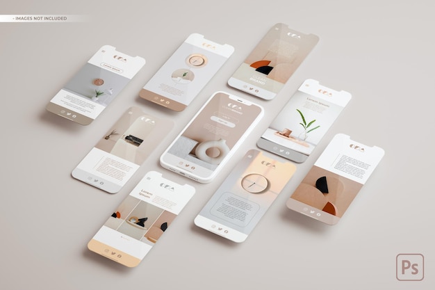 Phone mockup and multiple slides floating in 3d rendering. ui ux app concept