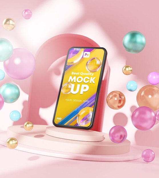 PSD phone mockup pink pedestal podium stage 3d