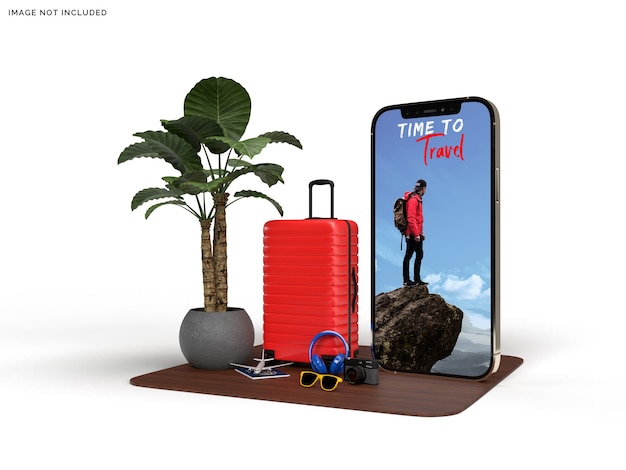 PSD phone mockup and suitcase with traveler accessories