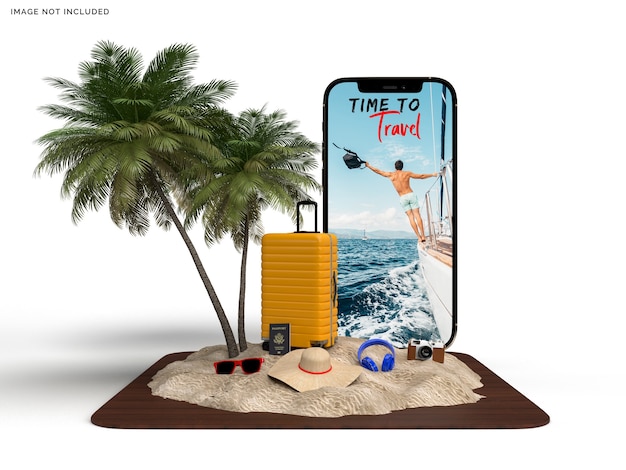 Phone mockup and suitcase with traveler accessories