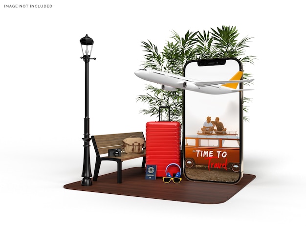 PSD phone mockup and suitcase with traveler airplane accessories