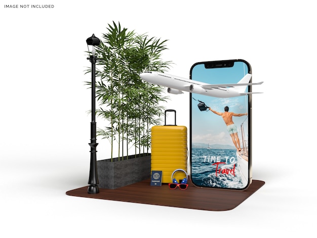 PSD phone mockup and suitcase with traveler airplane accessories