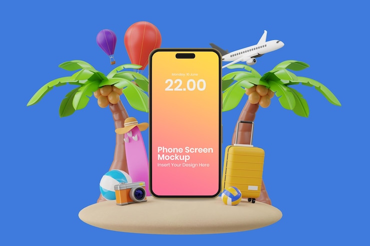 PSD phone mockup between summer beach accessories 3d rendering