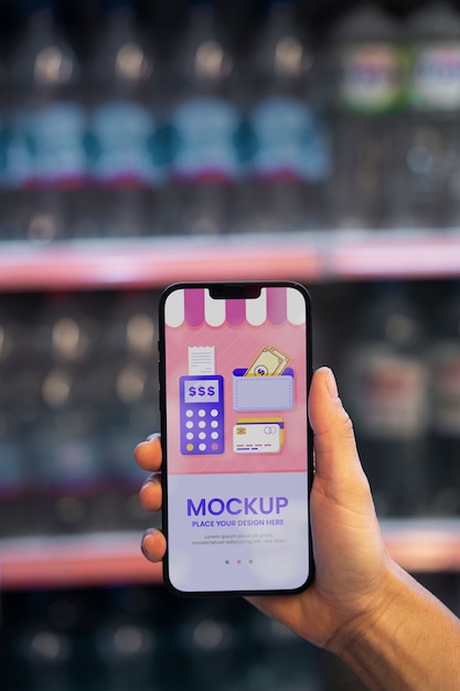 PSD phone mockup at supermarket