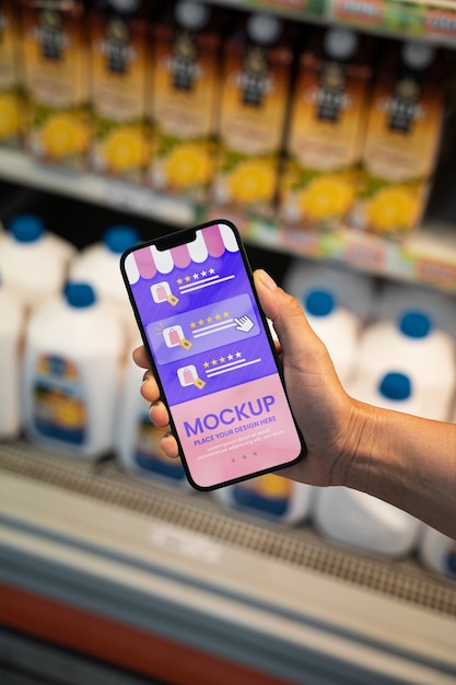 PSD phone mockup at supermarket