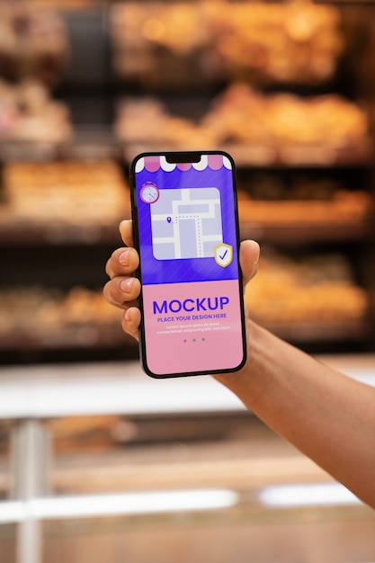 Phone mockup at supermarket