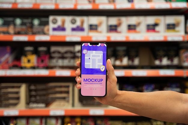 Phone mockup at supermarket