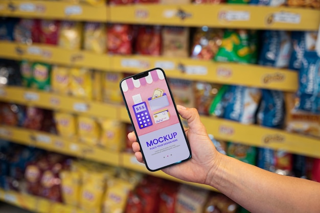 PSD phone mockup at supermarket