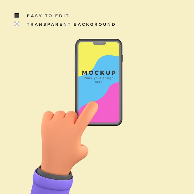 PSD phone mockup with 3d illustration click hand gesture