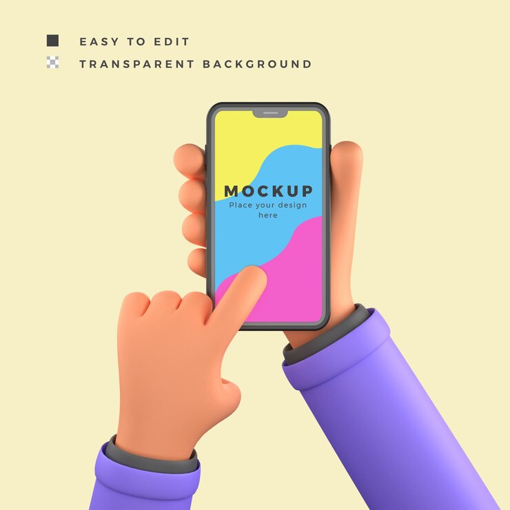 phone mockup with 3d illustration holding and click hand gesture