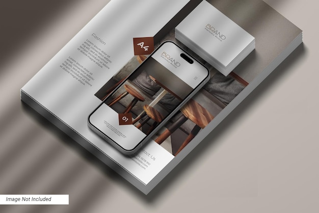 PSD phone mockup with flyer and business card mockup