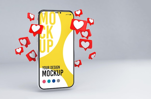 Phone mockup with like notifications in 3d rendering