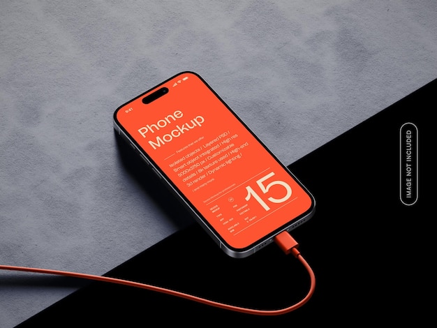 PSD phone mockup with type c cable on concrete base