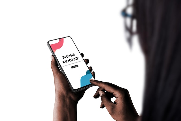 Phone mockup in woman hand dark skin