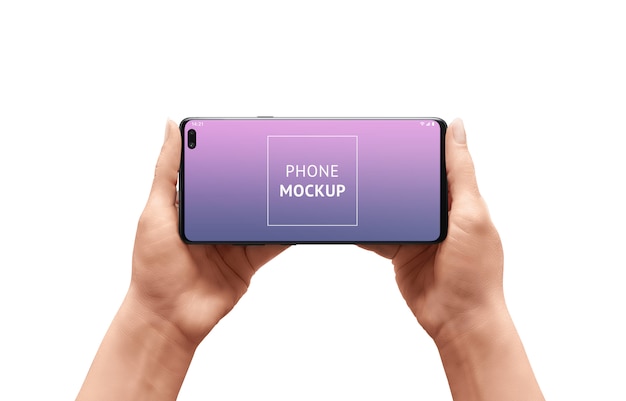 Mockup di telefono nelle mani di donna. posizione orizzontale.