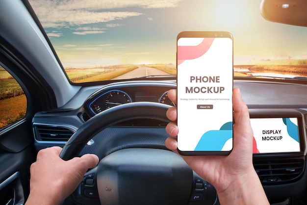 Phone and navigation display in car mockup