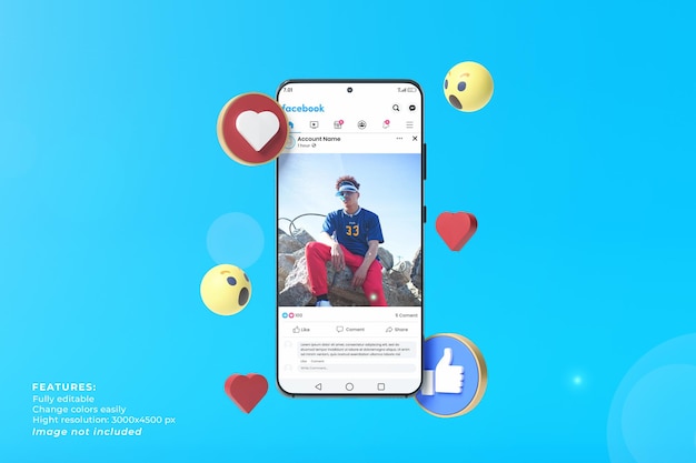 Телефон макета социальных сетей на смартфоне и смайлике