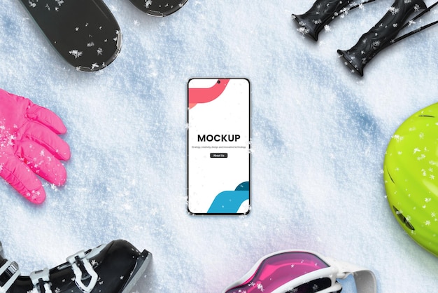スキー用具に囲まれた雪の上の電話 モックアップ シーン クリエーター