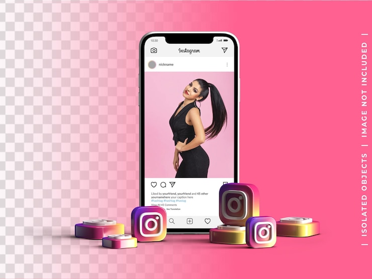 PSD phone screen device mockup with bunch 3d instagram logo icons social media concept isolated