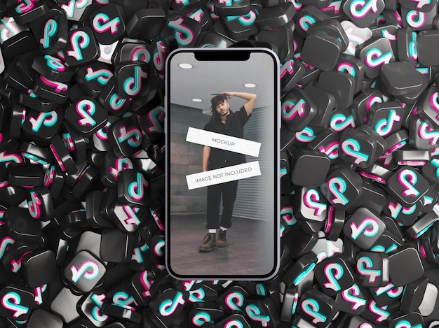 mockup del dispositivo dello schermo del telefono con una pila di icone sparse del logo tiktok 3d concetto di social media