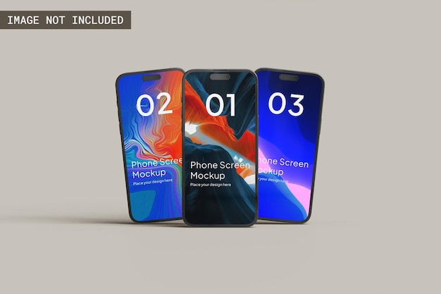 PSD mockup dello schermo del telefono vista frontale di 3 telefoni due dietro uno davanti