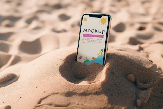 Phone screen mockup on beach