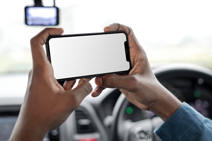 PSD phone screen mockup driver taking a photo in the car psd