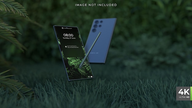 Phone screen mockup in Garden with grass and pen 3D render