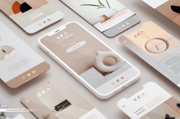 Phone screen mockup and various slides floating in 3D rendering. Elegant app interface