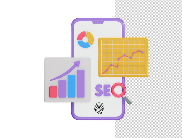 PSD phone screen that has a chart and graph with seo optimization icon 3d rendering vector illustration